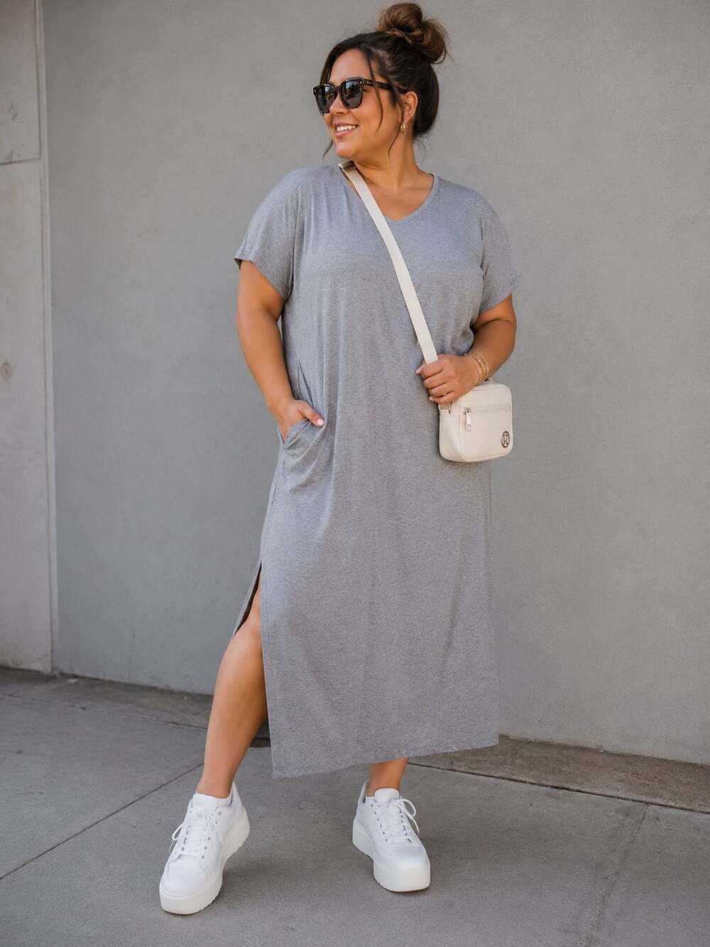 Nemidor Women's Casual V-Neck Short Sleeve T-Shirt Dress Gray Size US 16
